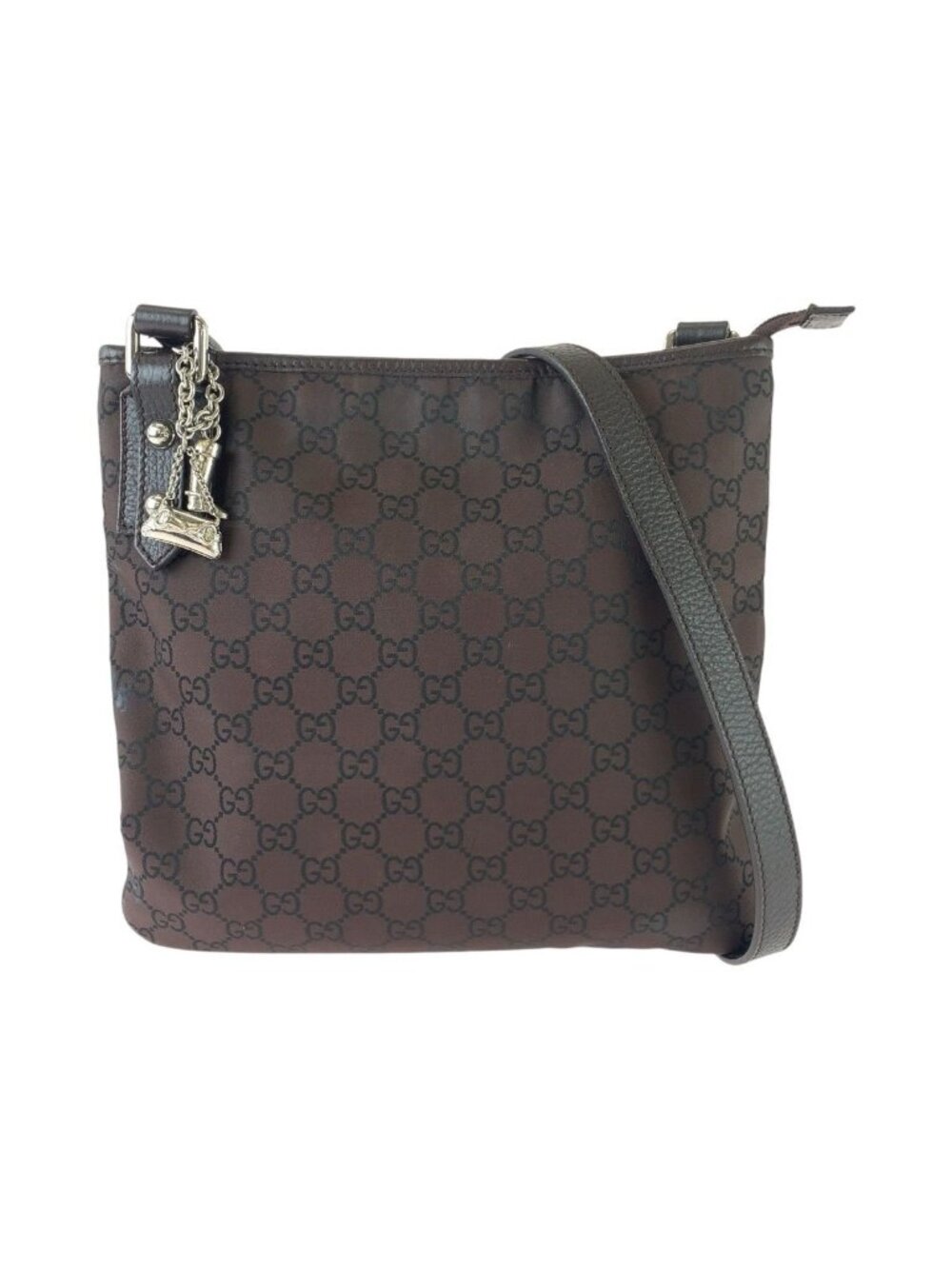 Gucci GG Pattern Brown Silver Nylon Leather Shoulder Bag